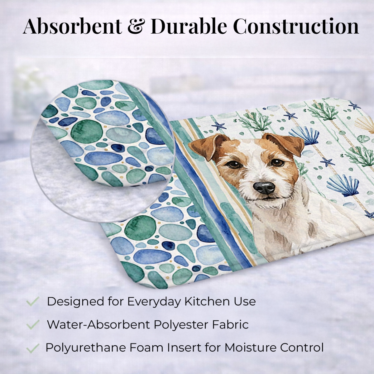 Picture of Carolines Treasures WDK7190DDM 21 x 14 in. White with Tan Markings Russell Terrier Coastal Sea Glass Dish Drying Mat