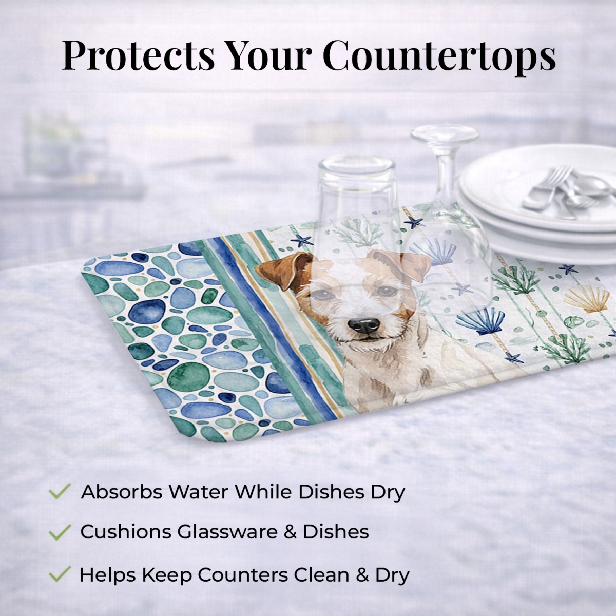 Picture of Carolines Treasures WDK7190DDM 21 x 14 in. White with Tan Markings Russell Terrier Coastal Sea Glass Dish Drying Mat