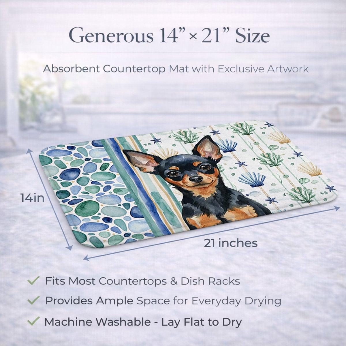 Picture of Carolines Treasures WDK7191DDM 21 x 14 in. Black & Tan Russian Toy Coastal Sea Glass Dish Drying Mat
