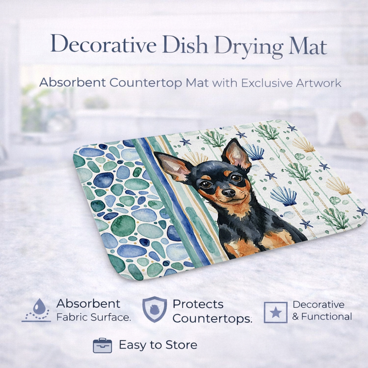 Picture of Carolines Treasures WDK7191DDM 21 x 14 in. Black & Tan Russian Toy Coastal Sea Glass Dish Drying Mat