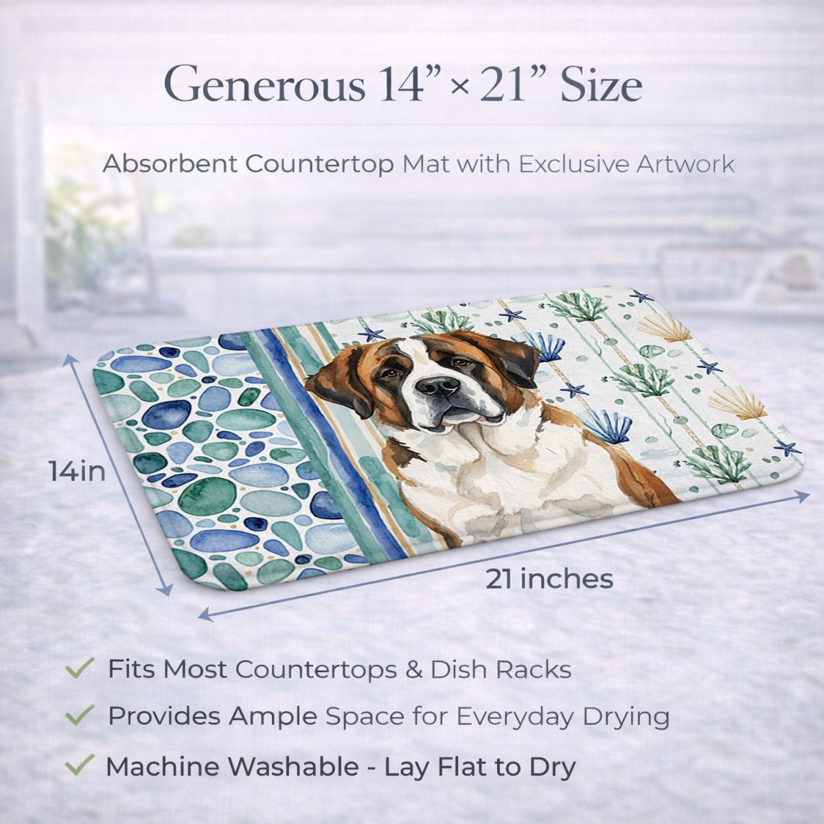 Picture of Carolines Treasures WDK7192DDM 21 x 14 in. Brindle & White Saint Bernard Coastal Sea Glass Dish Drying Mat