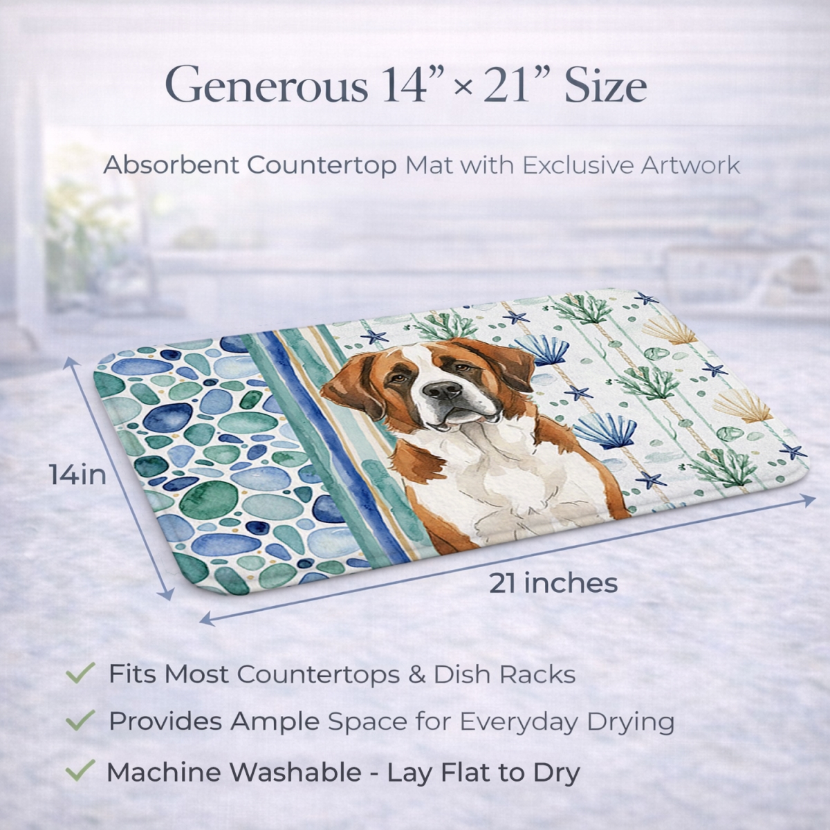 Picture of Carolines Treasures WDK7193DDM 21 x 14 in. Brown & White Saint Bernard Coastal Sea Glass Dish Drying Mat