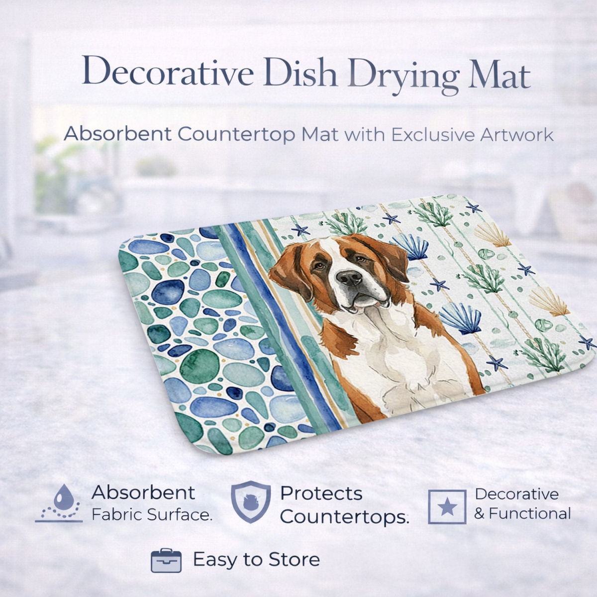 Picture of Carolines Treasures WDK7193DDM 21 x 14 in. Brown & White Saint Bernard Coastal Sea Glass Dish Drying Mat