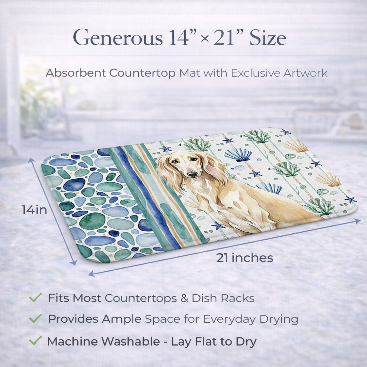 Picture of Carolines Treasures WDK7195DDM 21 x 14 in. Cream Saluki Coastal Sea Glass Dish Drying Mat