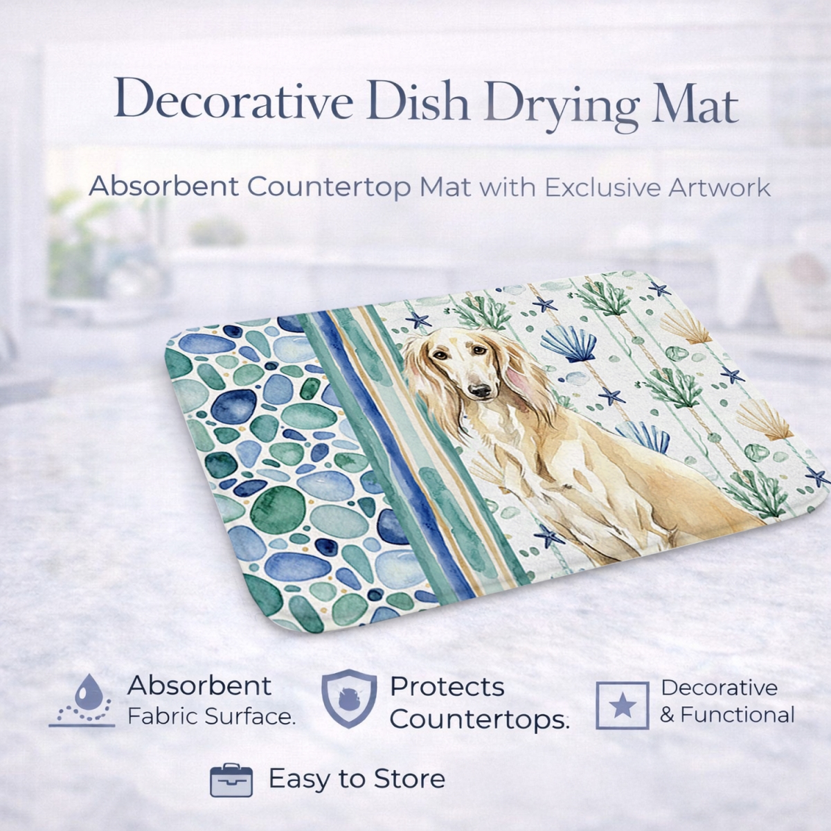 Picture of Carolines Treasures WDK7195DDM 21 x 14 in. Cream Saluki Coastal Sea Glass Dish Drying Mat