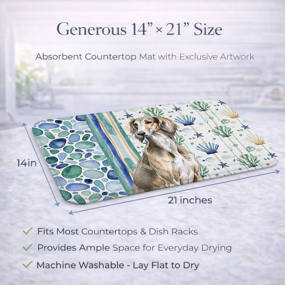 Picture of Carolines Treasures WDK7196DDM 21 x 14 in. Grizzle Saluki Coastal Sea Glass Dish Drying Mat