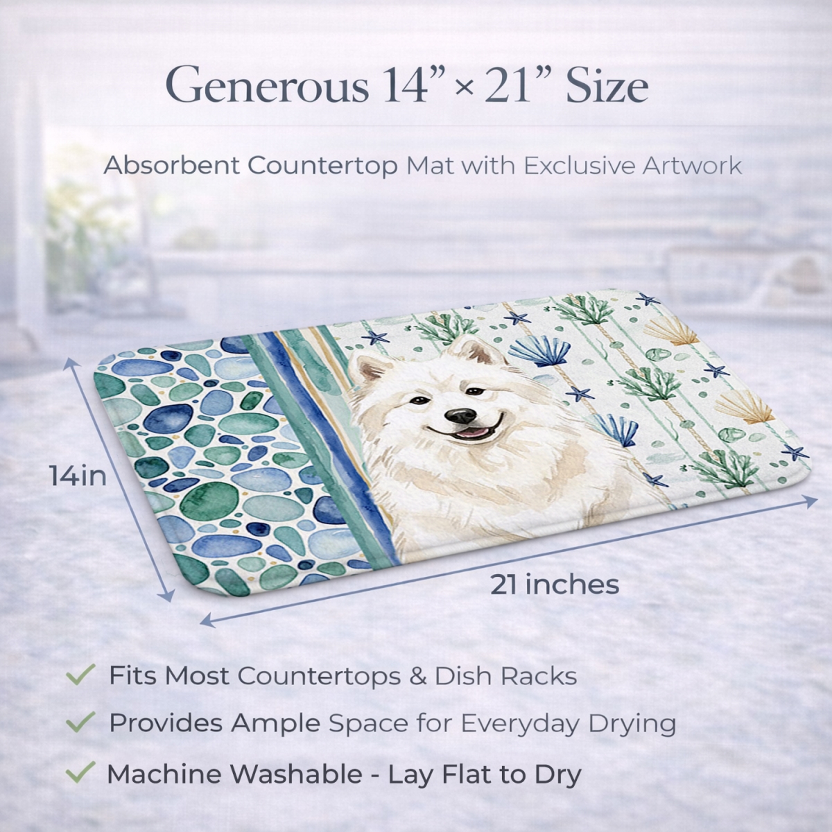 Picture of Carolines Treasures WDK7198DDM 21 x 14 in. Cream Samoyed Coastal Sea Glass Dish Drying Mat