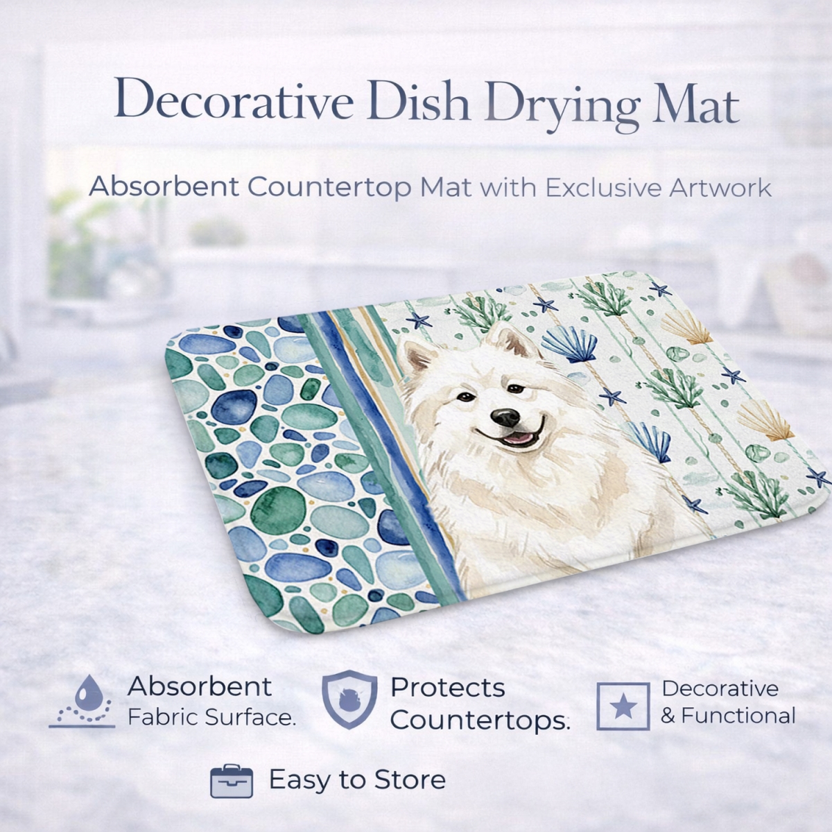 Picture of Carolines Treasures WDK7198DDM 21 x 14 in. Cream Samoyed Coastal Sea Glass Dish Drying Mat
