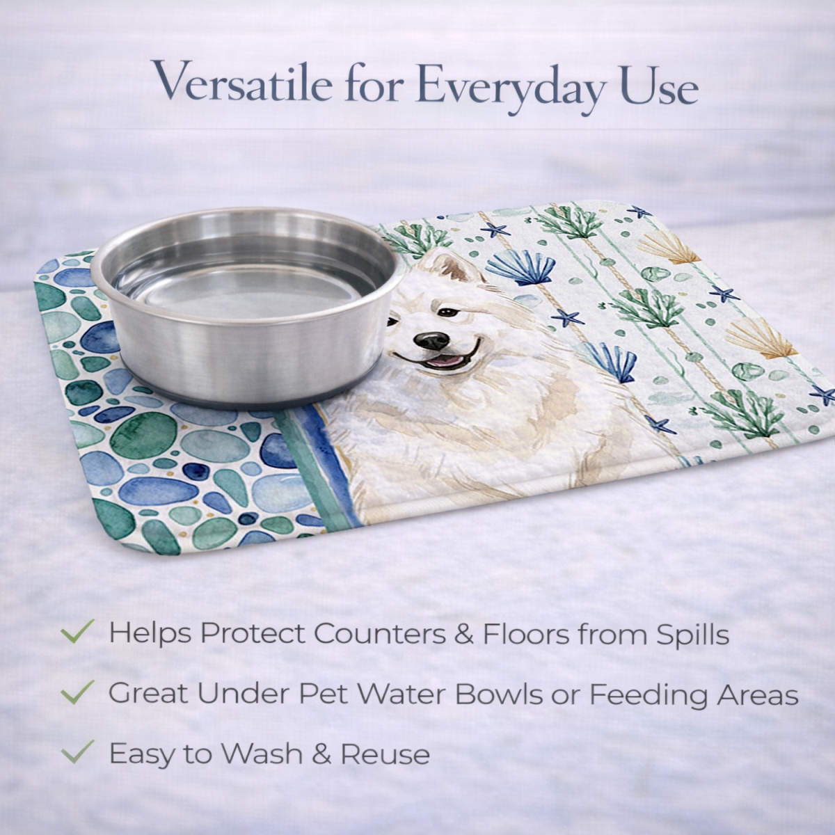 Picture of Carolines Treasures WDK7198DDM 21 x 14 in. Cream Samoyed Coastal Sea Glass Dish Drying Mat