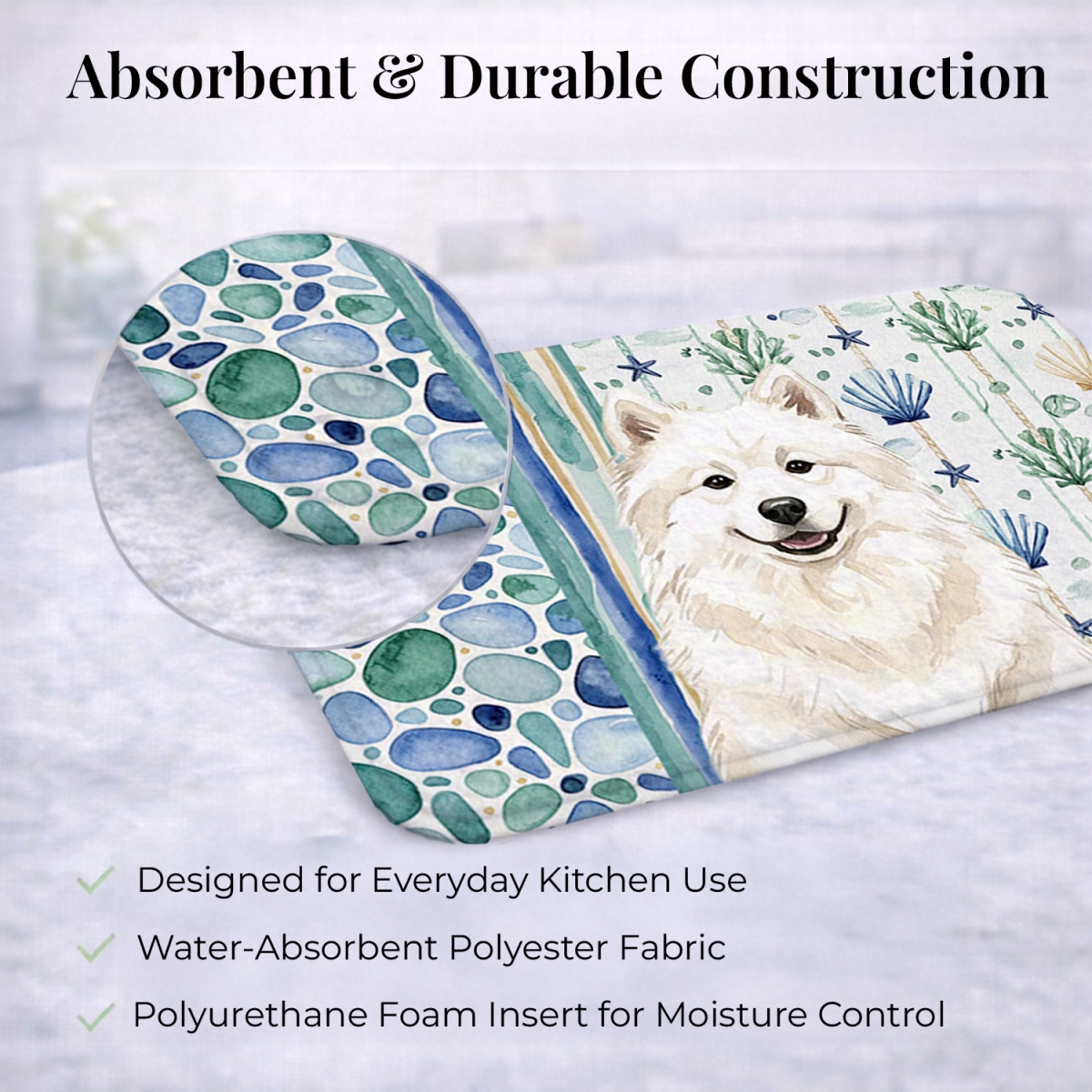 Picture of Carolines Treasures WDK7198DDM 21 x 14 in. Cream Samoyed Coastal Sea Glass Dish Drying Mat