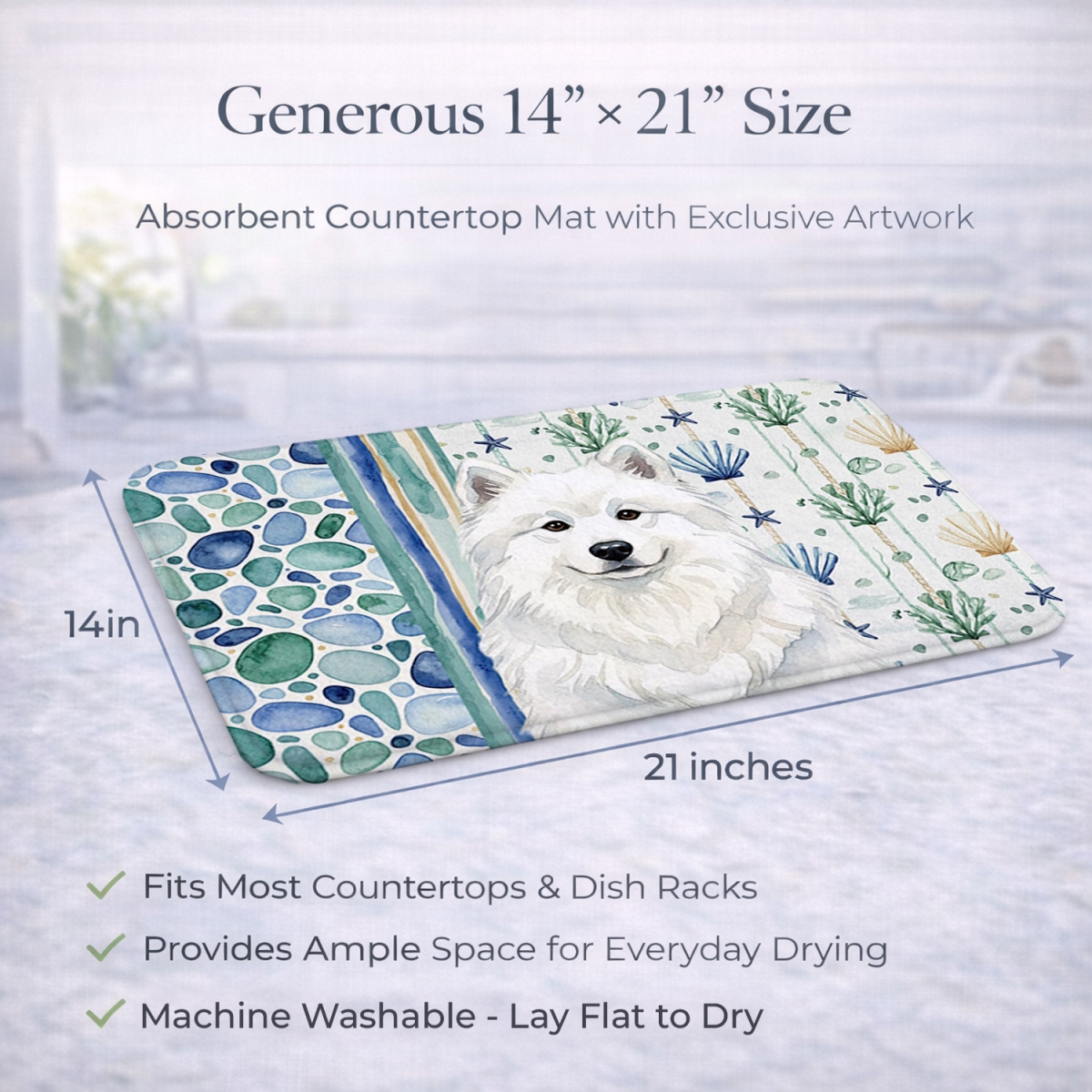 Picture of Carolines Treasures WDK7199DDM 21 x 14 in. White Samoyed Coastal Sea Glass Dish Drying Mat