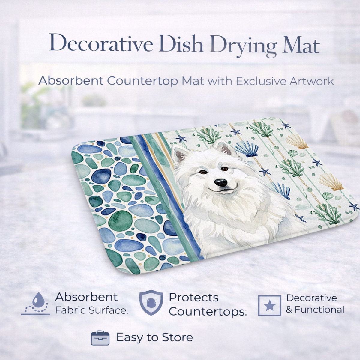 Picture of Carolines Treasures WDK7199DDM 21 x 14 in. White Samoyed Coastal Sea Glass Dish Drying Mat