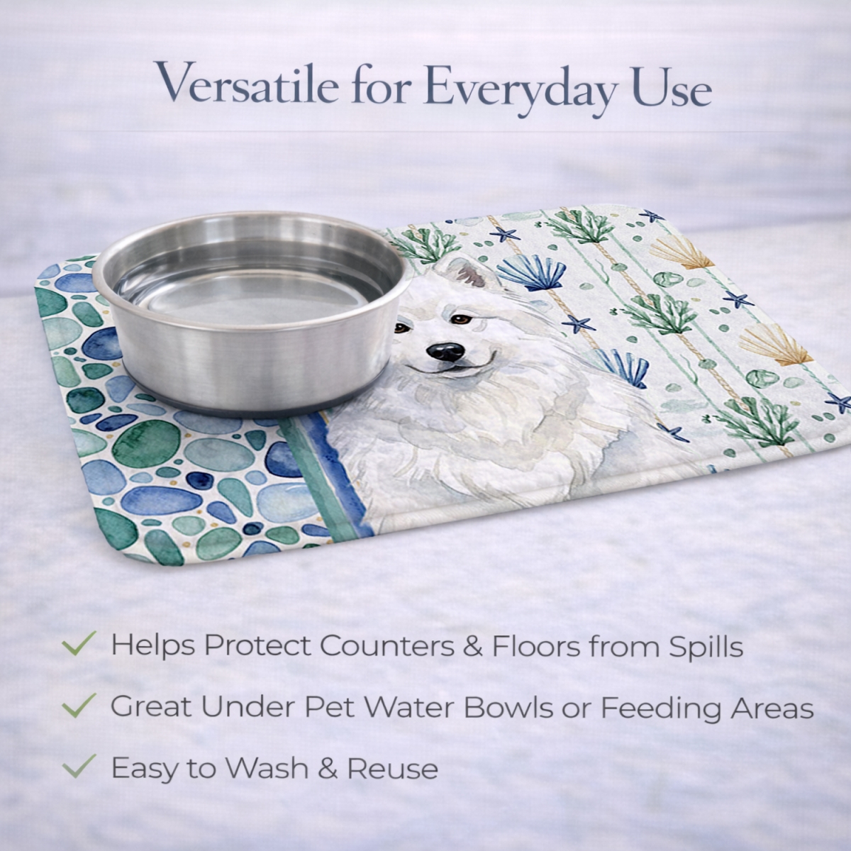 Picture of Carolines Treasures WDK7199DDM 21 x 14 in. White Samoyed Coastal Sea Glass Dish Drying Mat