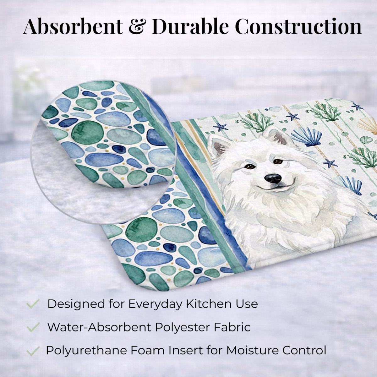Picture of Carolines Treasures WDK7199DDM 21 x 14 in. White Samoyed Coastal Sea Glass Dish Drying Mat