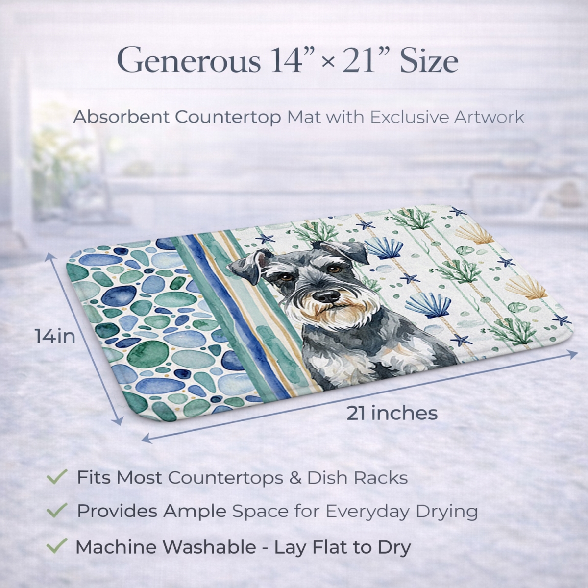 Picture of Carolines Treasures WDK7201DDM 21 x 14 in. Schnauzer Coastal Sea Glass Dish Drying Mat