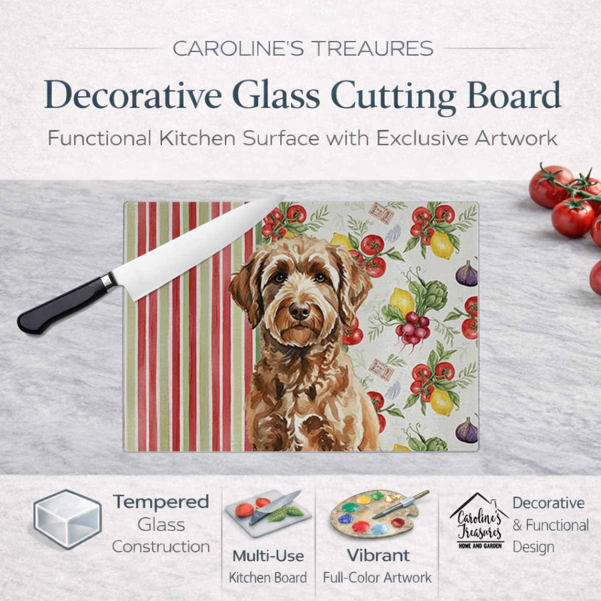 Picture of Carolines Treasures WDK8290LCB 11.25 x 15.25 in. Chocolate Labradoodle Vegetables Glass Cutting Board