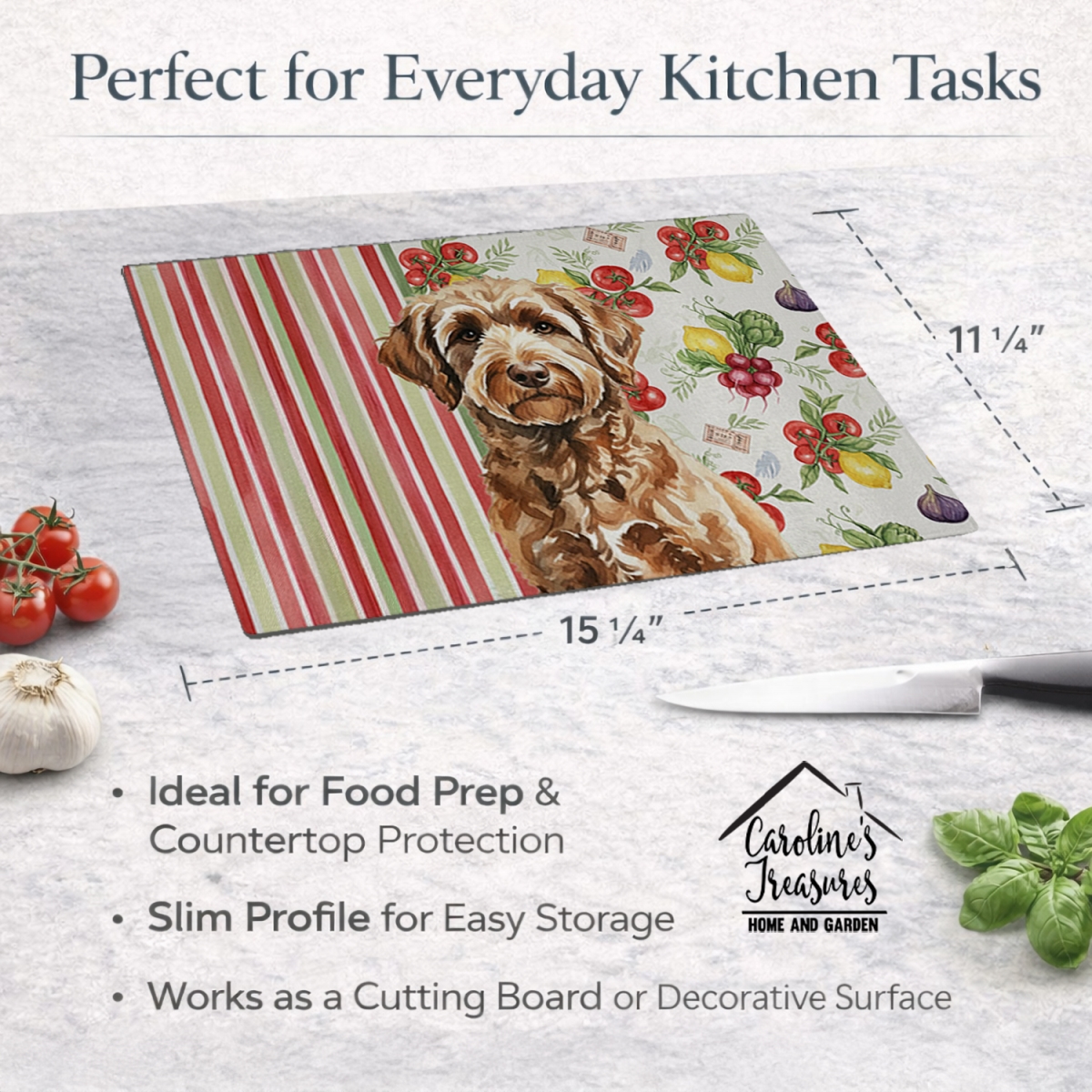 Picture of Carolines Treasures WDK8290LCB 11.25 x 15.25 in. Chocolate Labradoodle Vegetables Glass Cutting Board