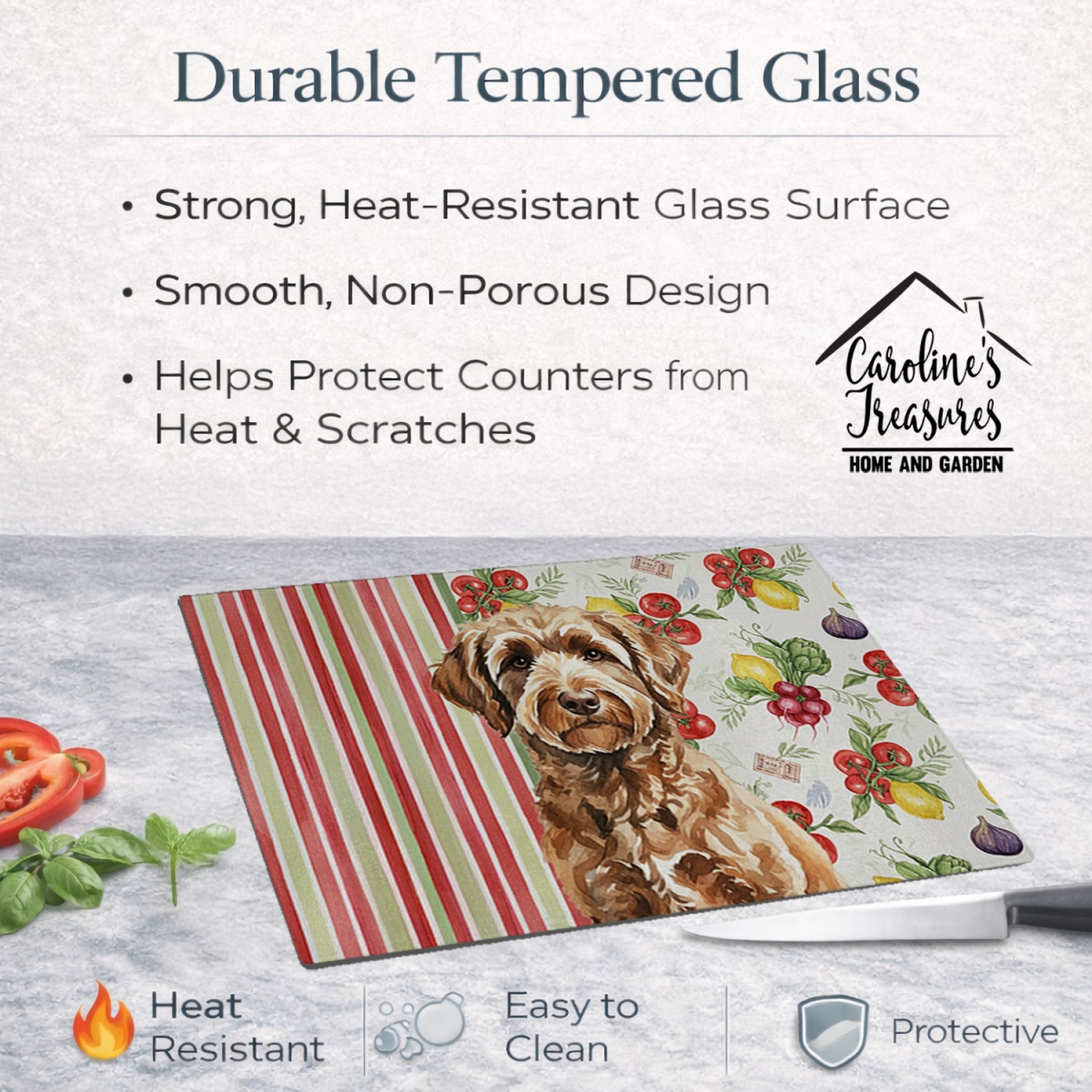 Picture of Carolines Treasures WDK8290LCB 11.25 x 15.25 in. Chocolate Labradoodle Vegetables Glass Cutting Board
