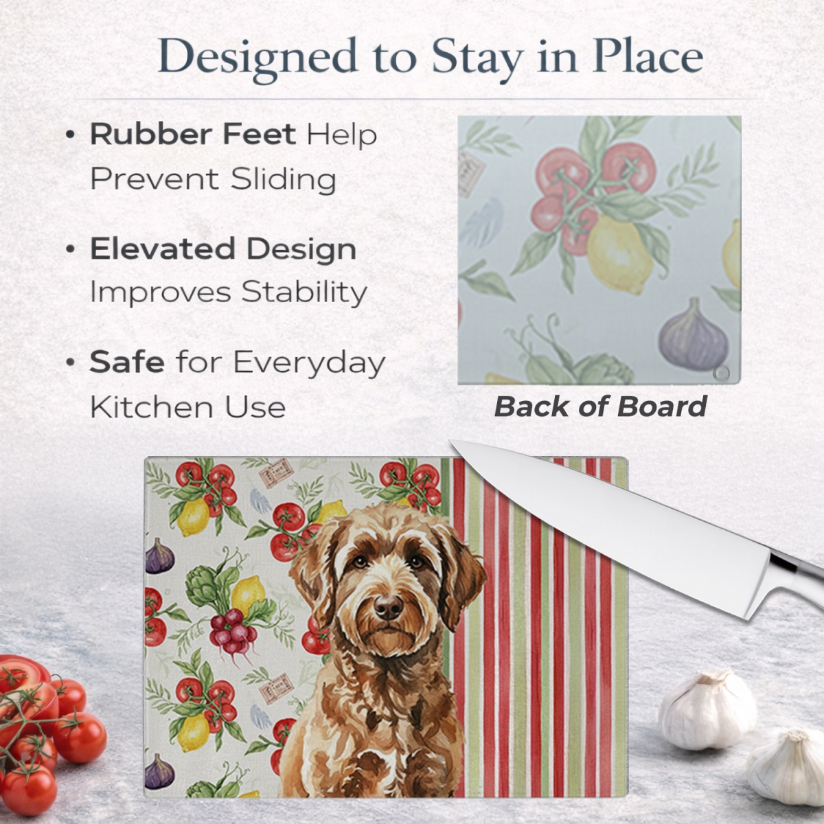 Picture of Carolines Treasures WDK8290LCB 11.25 x 15.25 in. Chocolate Labradoodle Vegetables Glass Cutting Board