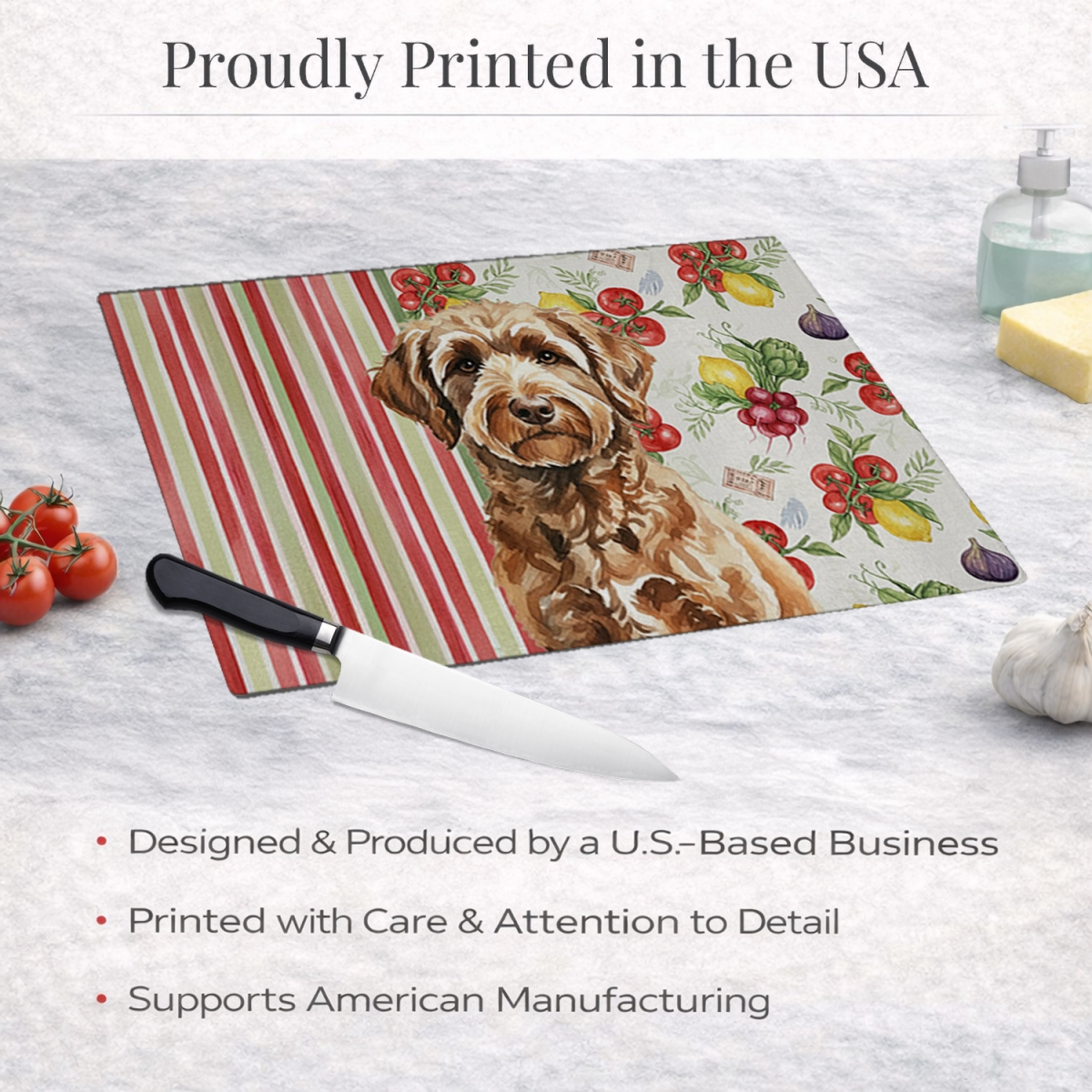 Picture of Carolines Treasures WDK8290LCB 11.25 x 15.25 in. Chocolate Labradoodle Vegetables Glass Cutting Board