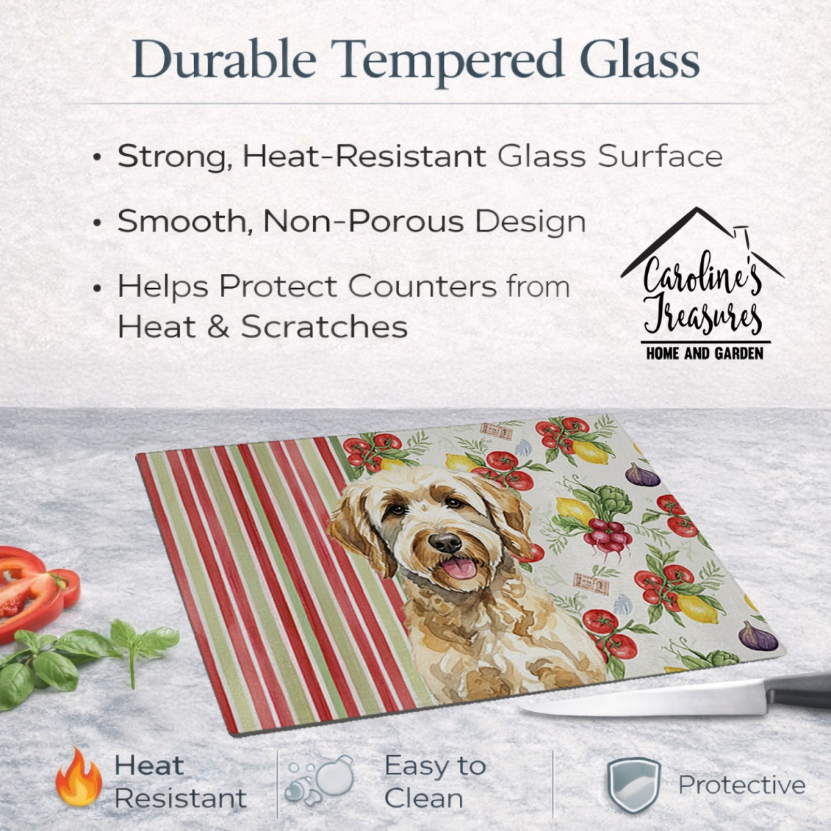 Picture of Carolines Treasures WDK8291LCB 11.25 x 15.25 in. Labradoodle Vegetables Glass Cutting Board