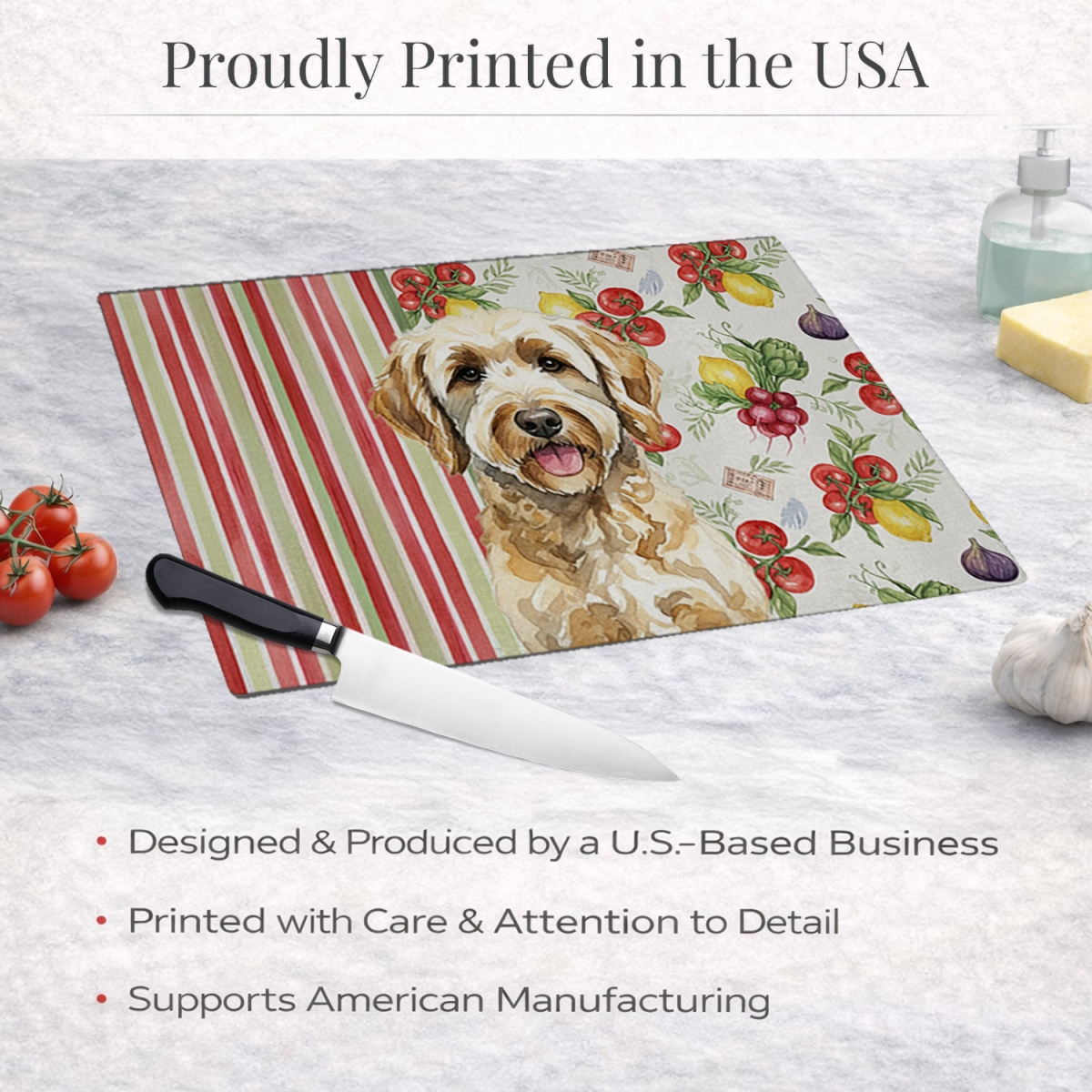 Picture of Carolines Treasures WDK8291LCB 11.25 x 15.25 in. Labradoodle Vegetables Glass Cutting Board