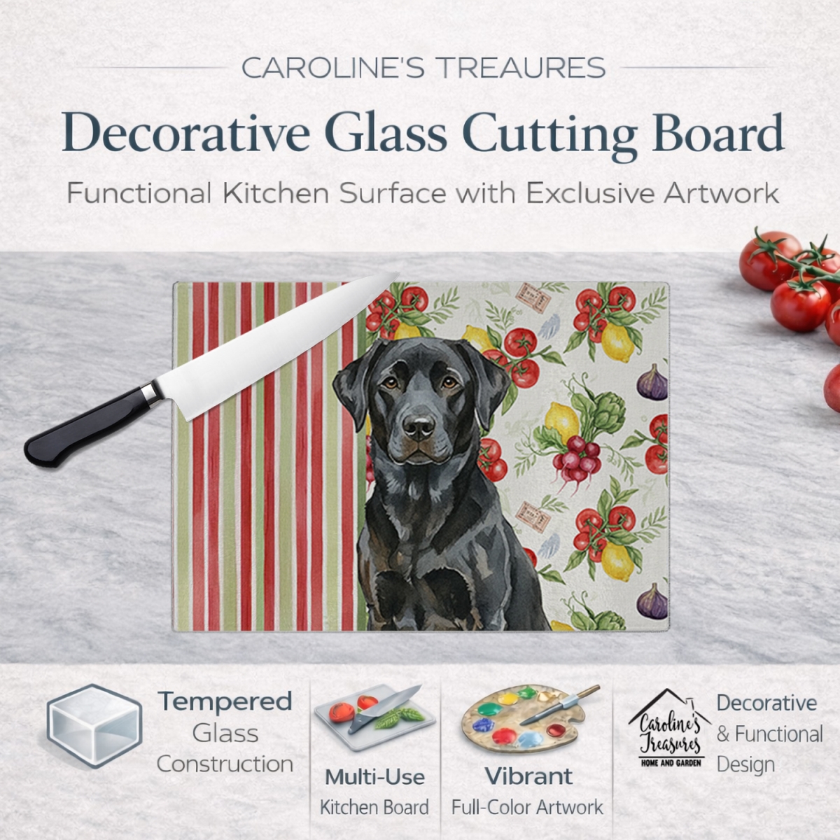 Picture of Carolines Treasures WDK8292LCB 11.25 x 15.25 in. Black Labrador Retriever Vegetables Glass Cutting Board