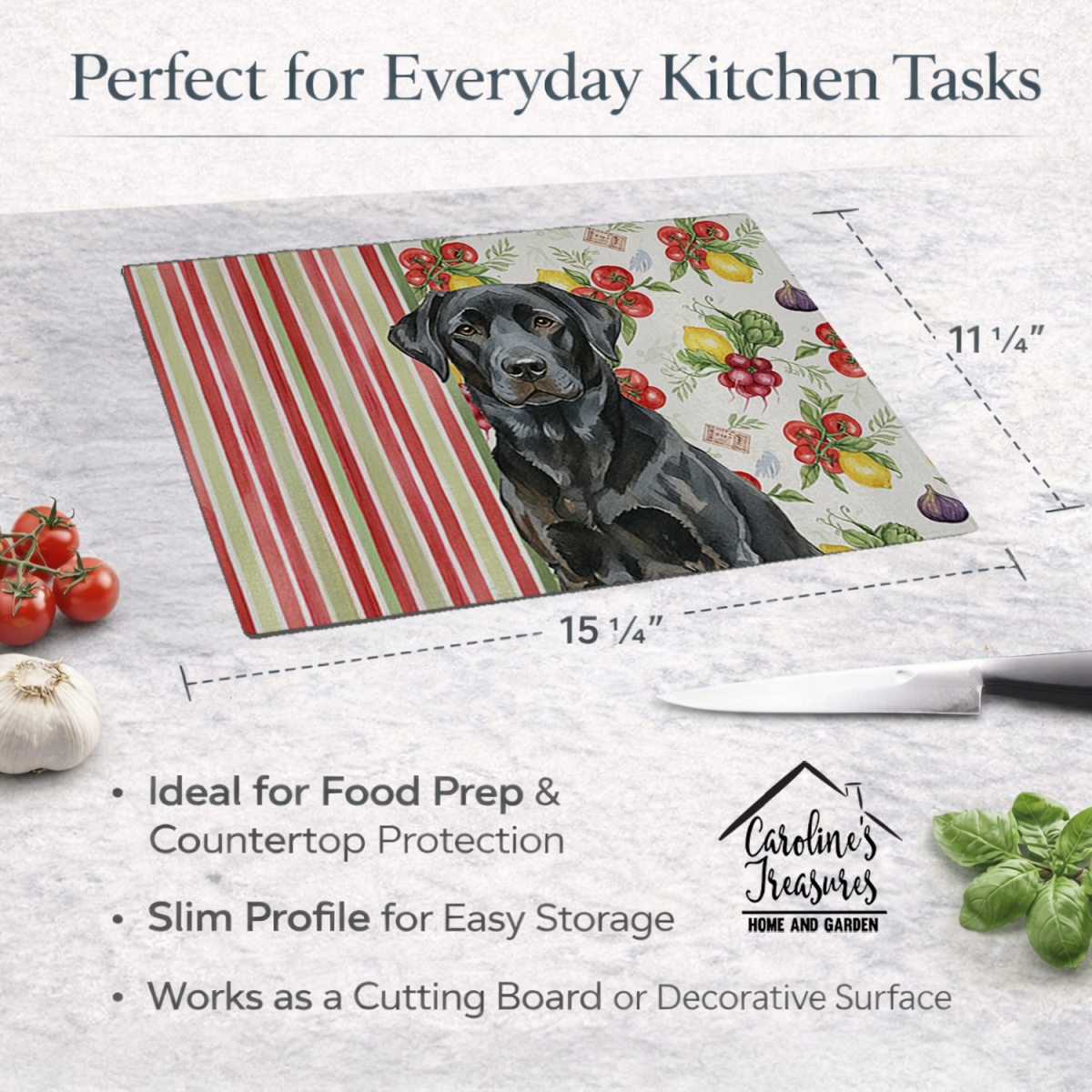 Picture of Carolines Treasures WDK8292LCB 11.25 x 15.25 in. Black Labrador Retriever Vegetables Glass Cutting Board