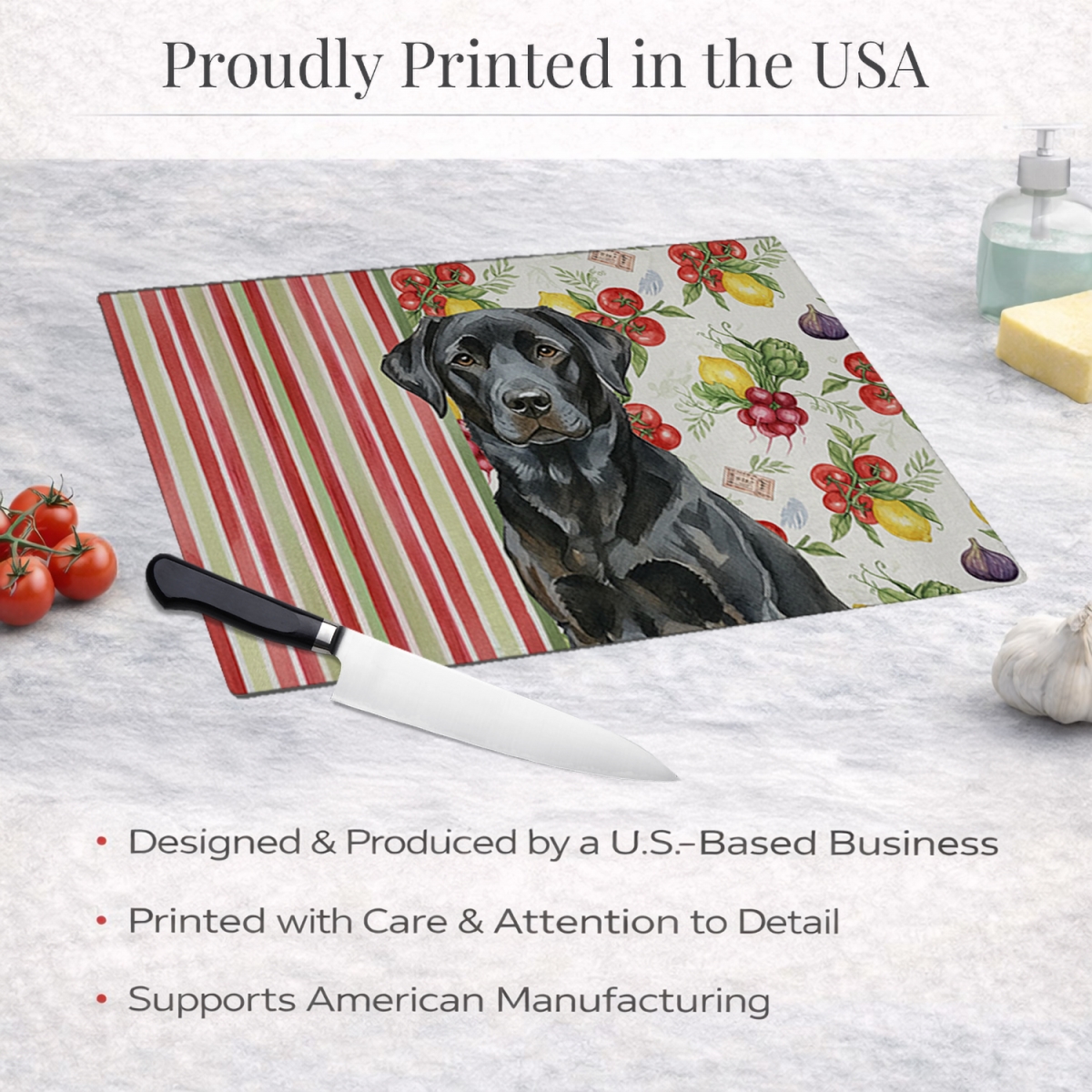 Picture of Carolines Treasures WDK8292LCB 11.25 x 15.25 in. Black Labrador Retriever Vegetables Glass Cutting Board