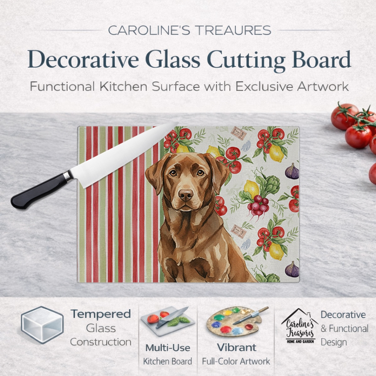 Picture of Carolines Treasures WDK8293LCB 11.25 x 15.25 in. Chocolate Labrador Retriever Vegetables Glass Cutting Board