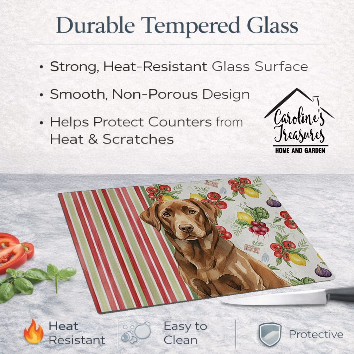 Picture of Carolines Treasures WDK8293LCB 11.25 x 15.25 in. Chocolate Labrador Retriever Vegetables Glass Cutting Board