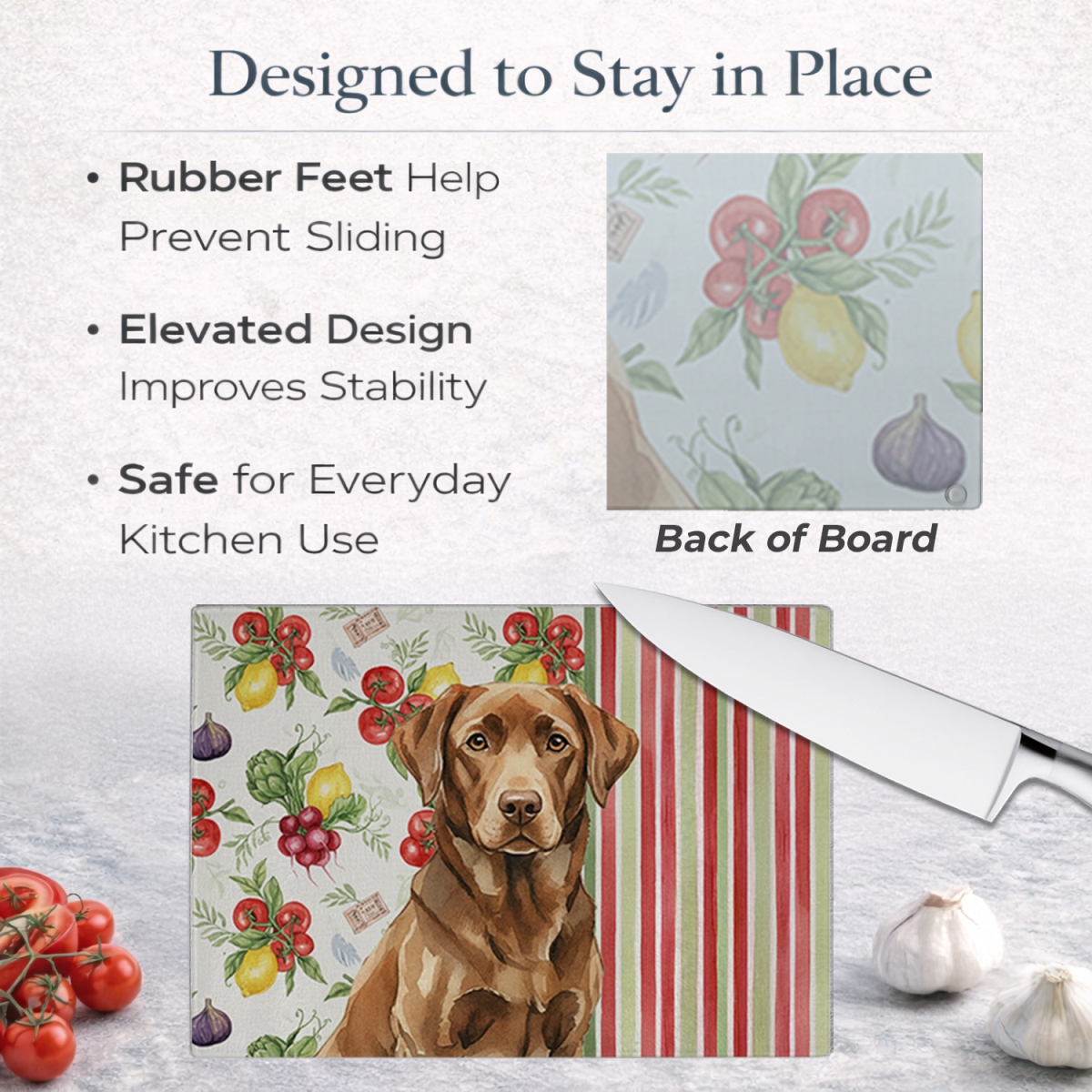 Picture of Carolines Treasures WDK8293LCB 11.25 x 15.25 in. Chocolate Labrador Retriever Vegetables Glass Cutting Board