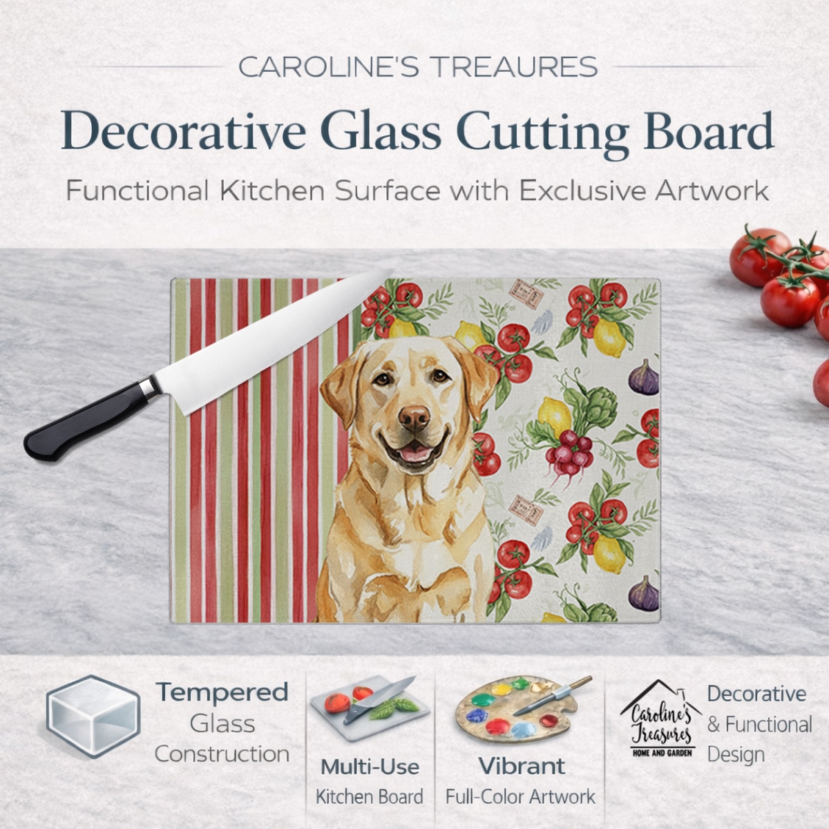 Picture of Carolines Treasures WDK8294LCB 11.25 x 15.25 in. Yellow Labrador Retriever Vegetables Glass Cutting Board