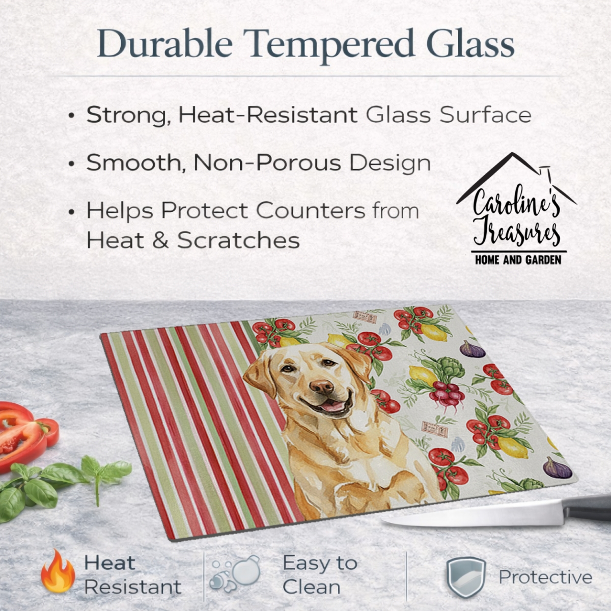 Picture of Carolines Treasures WDK8294LCB 11.25 x 15.25 in. Yellow Labrador Retriever Vegetables Glass Cutting Board