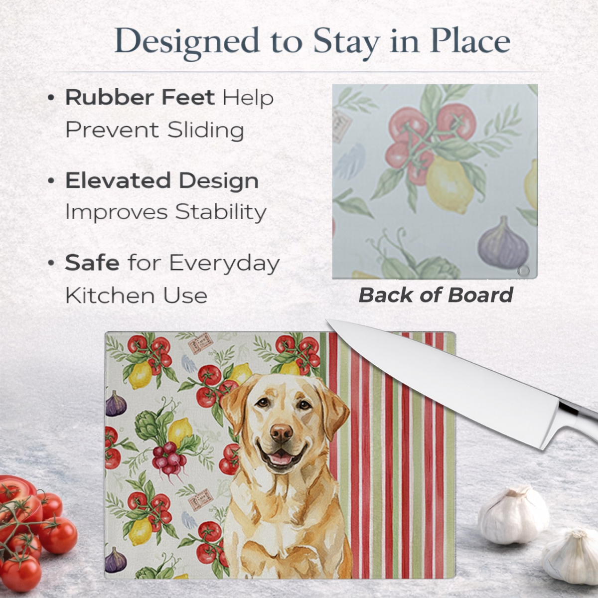 Picture of Carolines Treasures WDK8294LCB 11.25 x 15.25 in. Yellow Labrador Retriever Vegetables Glass Cutting Board