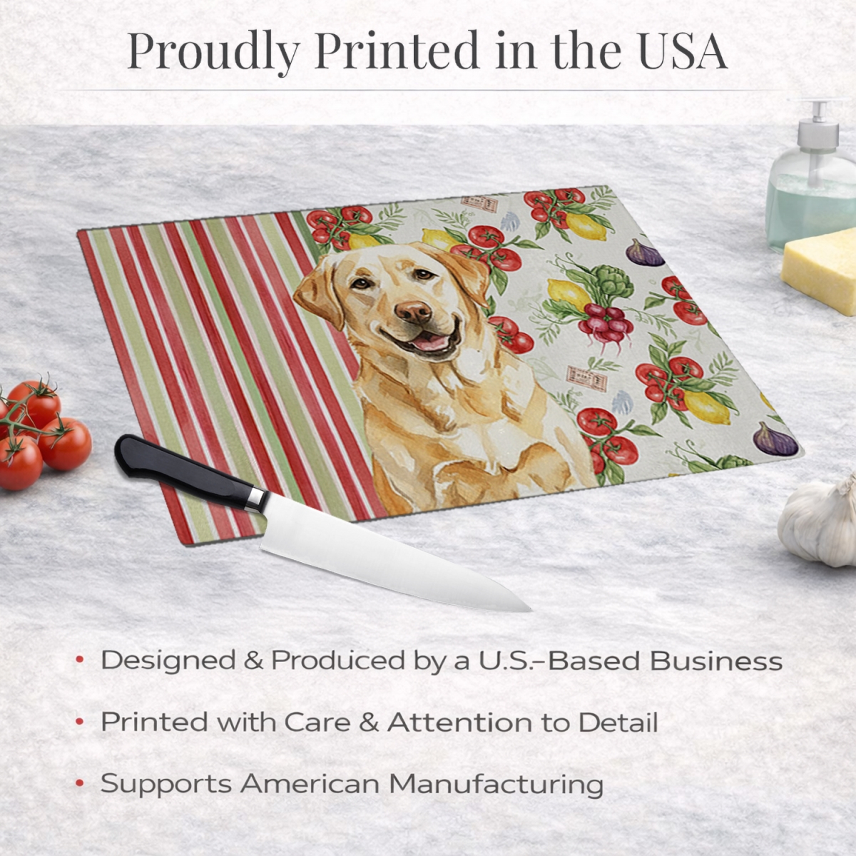 Picture of Carolines Treasures WDK8294LCB 11.25 x 15.25 in. Yellow Labrador Retriever Vegetables Glass Cutting Board