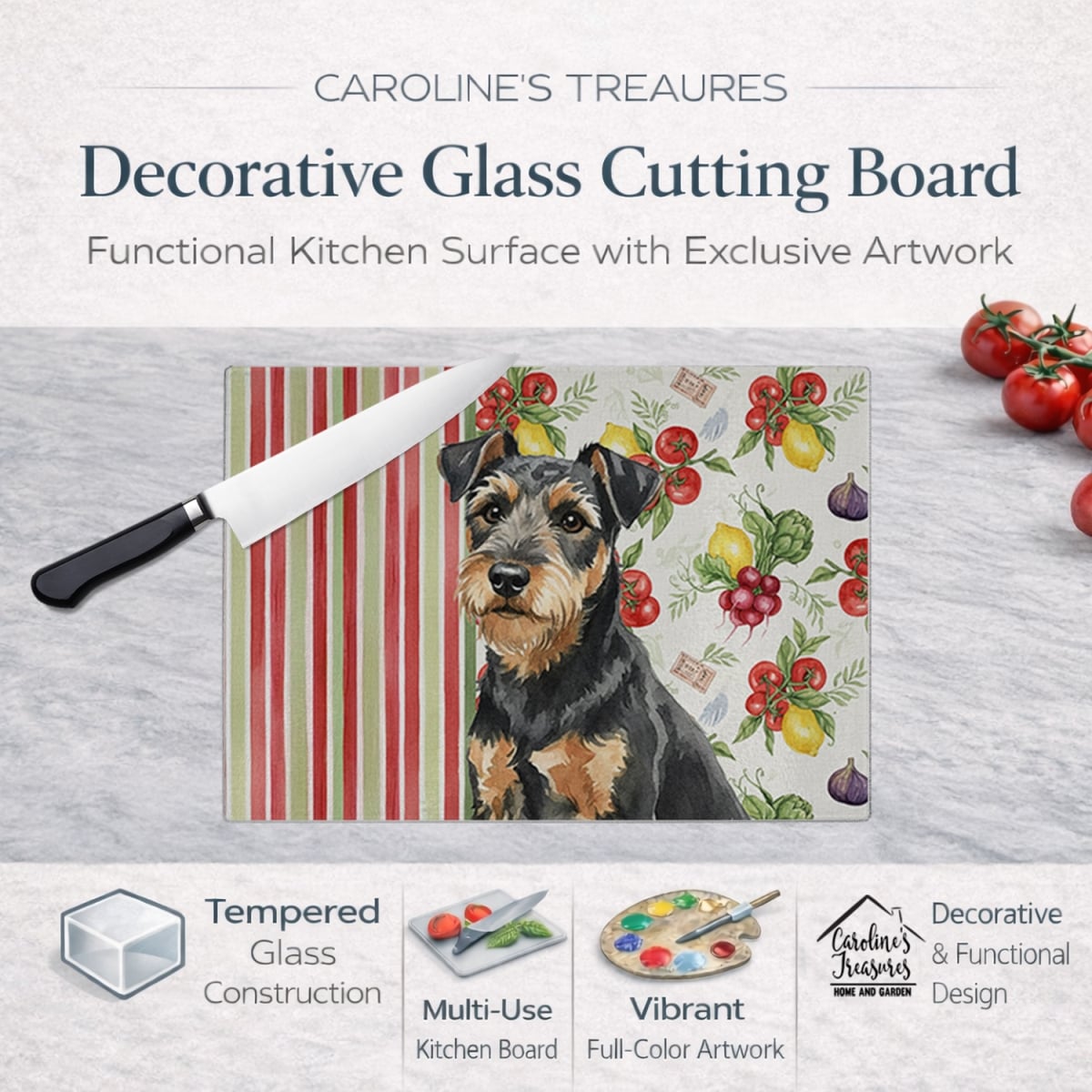 Picture of Carolines Treasures WDK8296LCB 11.25 x 15.25 in. Black & Tan Lakeland Terrier Vegetables Glass Cutting Board