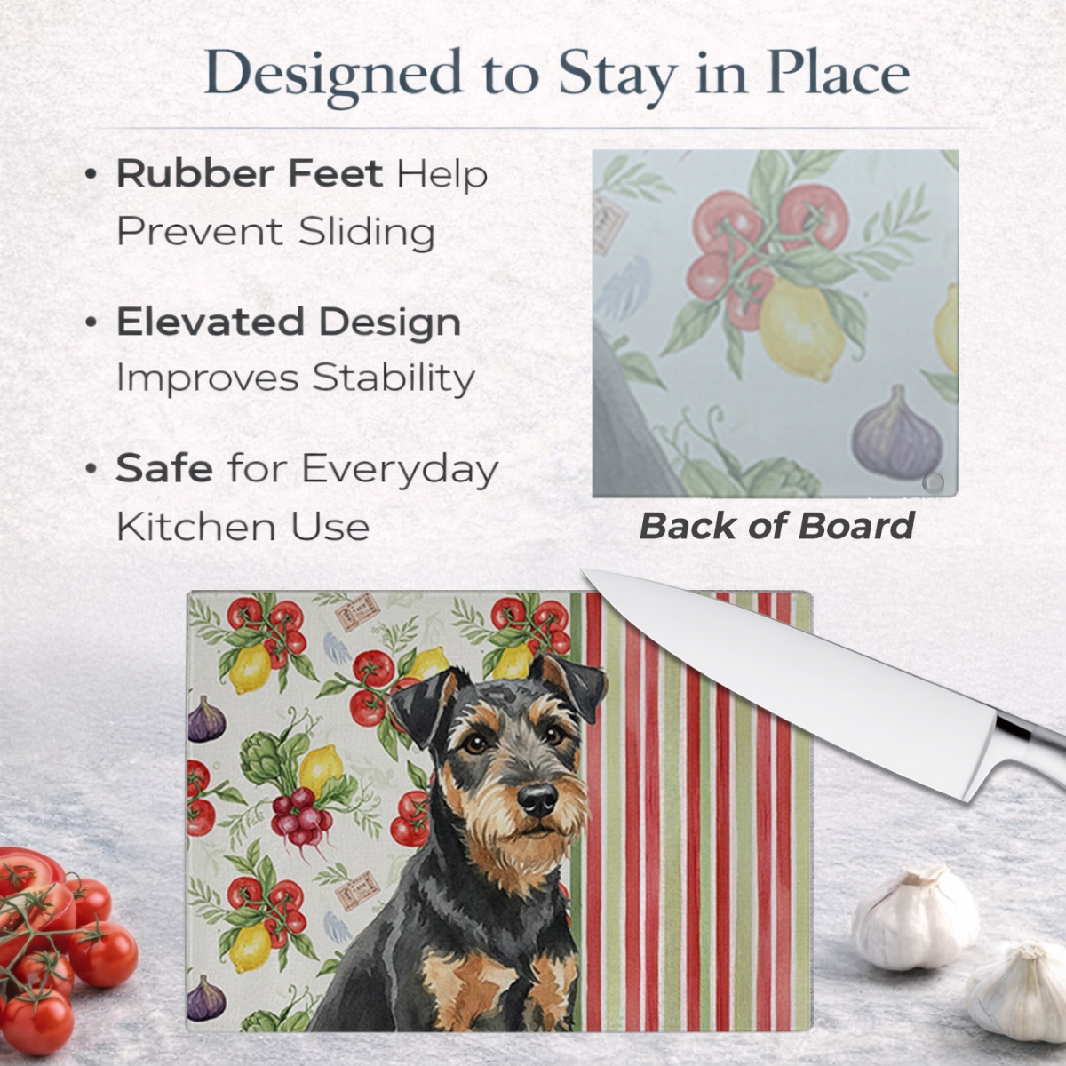 Picture of Carolines Treasures WDK8296LCB 11.25 x 15.25 in. Black & Tan Lakeland Terrier Vegetables Glass Cutting Board