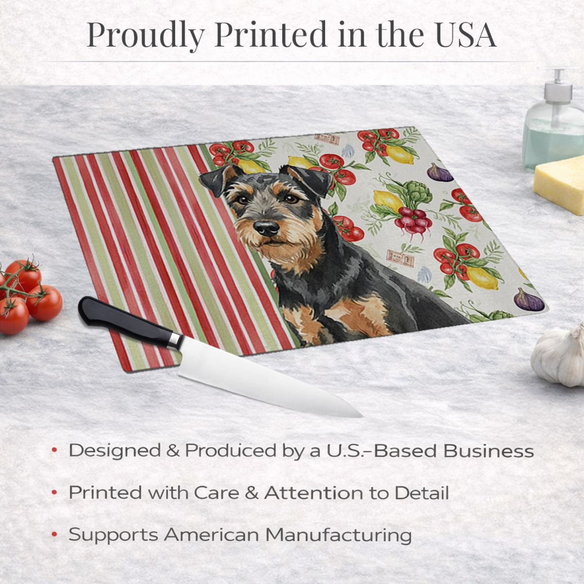 Picture of Carolines Treasures WDK8296LCB 11.25 x 15.25 in. Black & Tan Lakeland Terrier Vegetables Glass Cutting Board