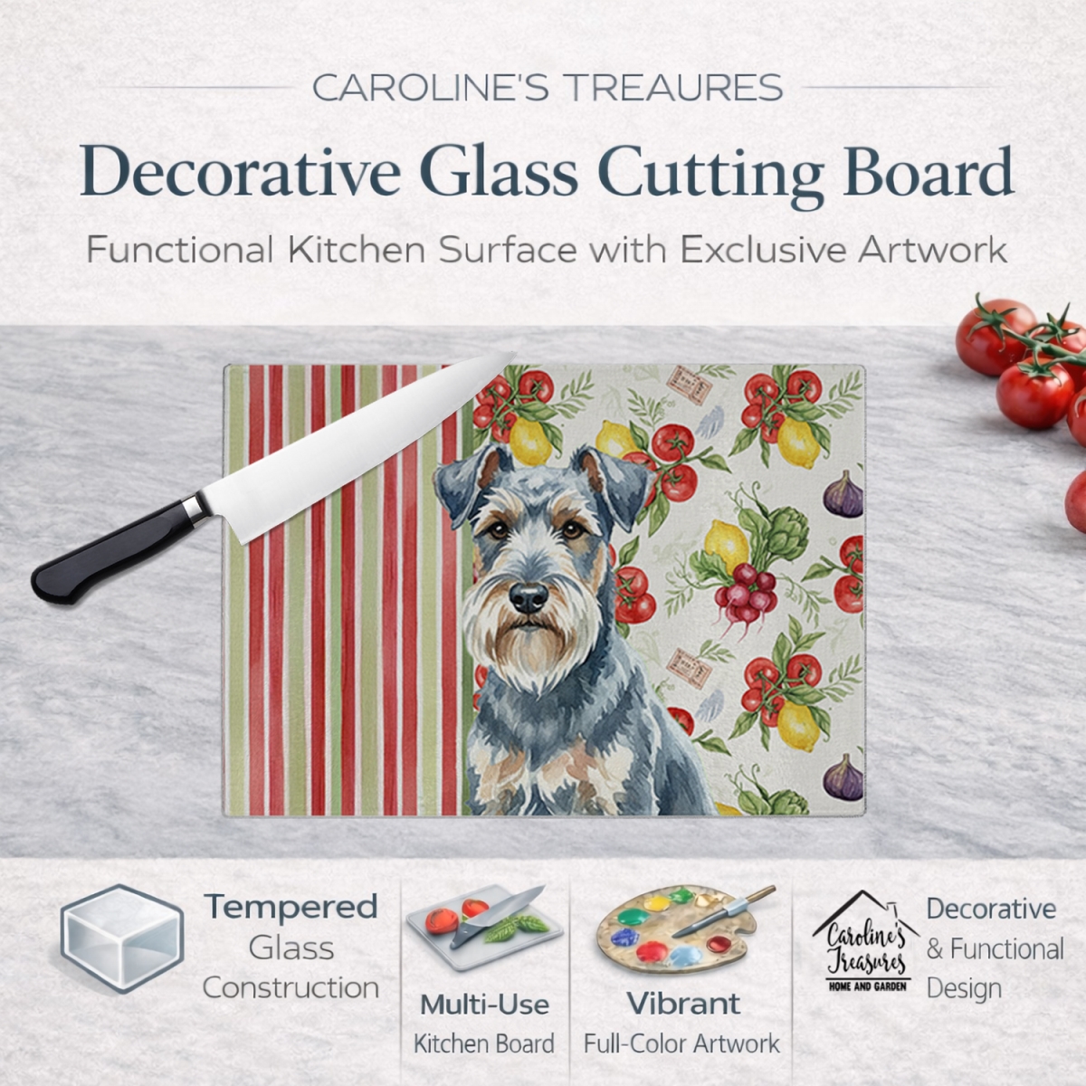 Picture of Carolines Treasures WDK8297LCB 11.25 x 15.25 in. Blue Lakeland Terrier Vegetables Glass Cutting Board