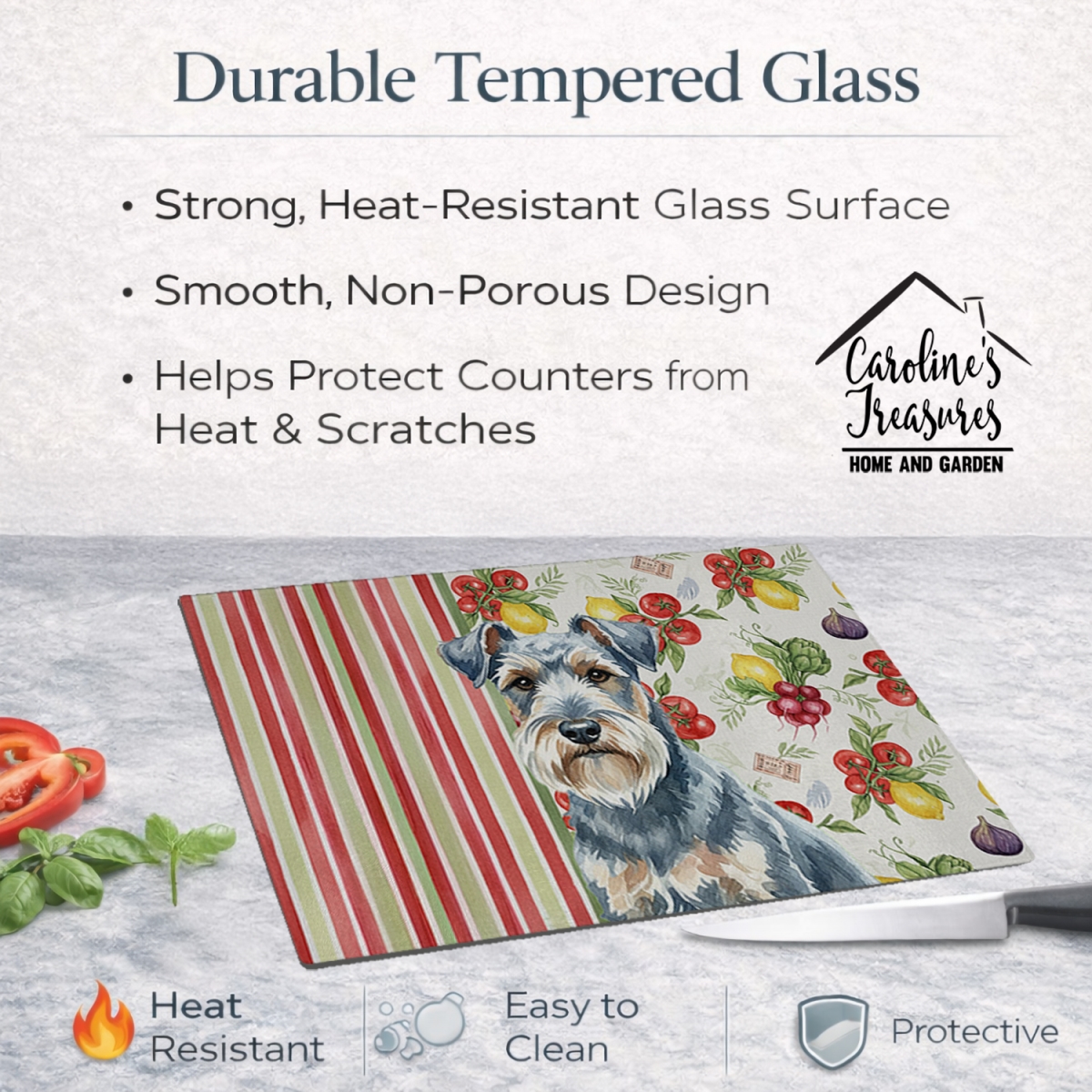 Picture of Carolines Treasures WDK8297LCB 11.25 x 15.25 in. Blue Lakeland Terrier Vegetables Glass Cutting Board
