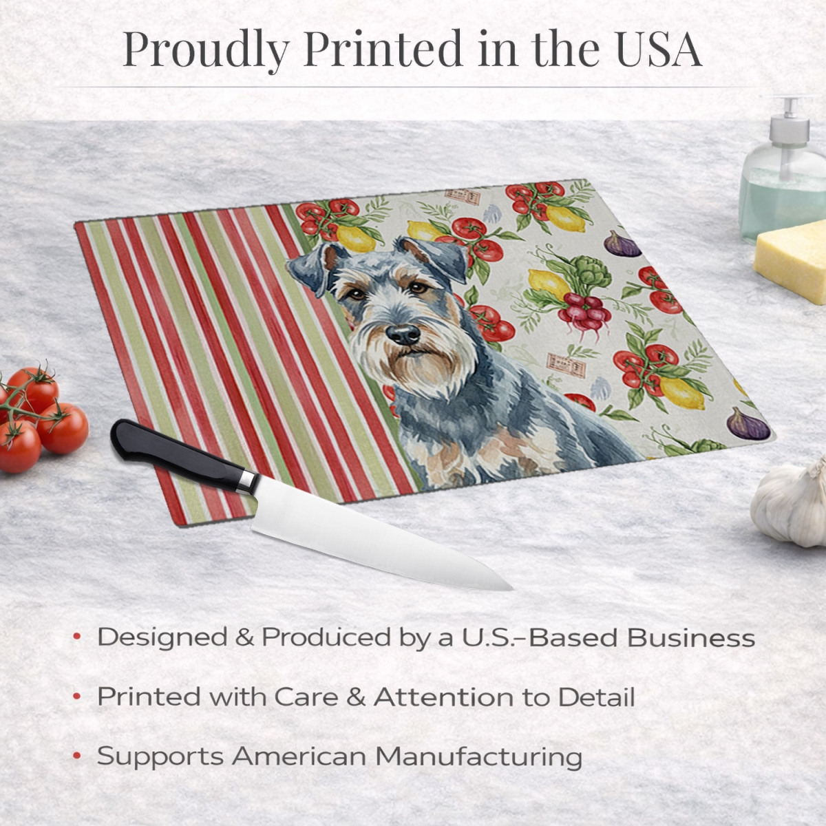 Picture of Carolines Treasures WDK8297LCB 11.25 x 15.25 in. Blue Lakeland Terrier Vegetables Glass Cutting Board