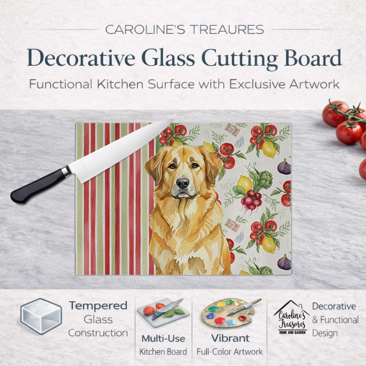 Picture of Carolines Treasures WDK8298LCB 11.25 x 15.25 in. Lion Yellow Leonberger Vegetables Glass Cutting Board