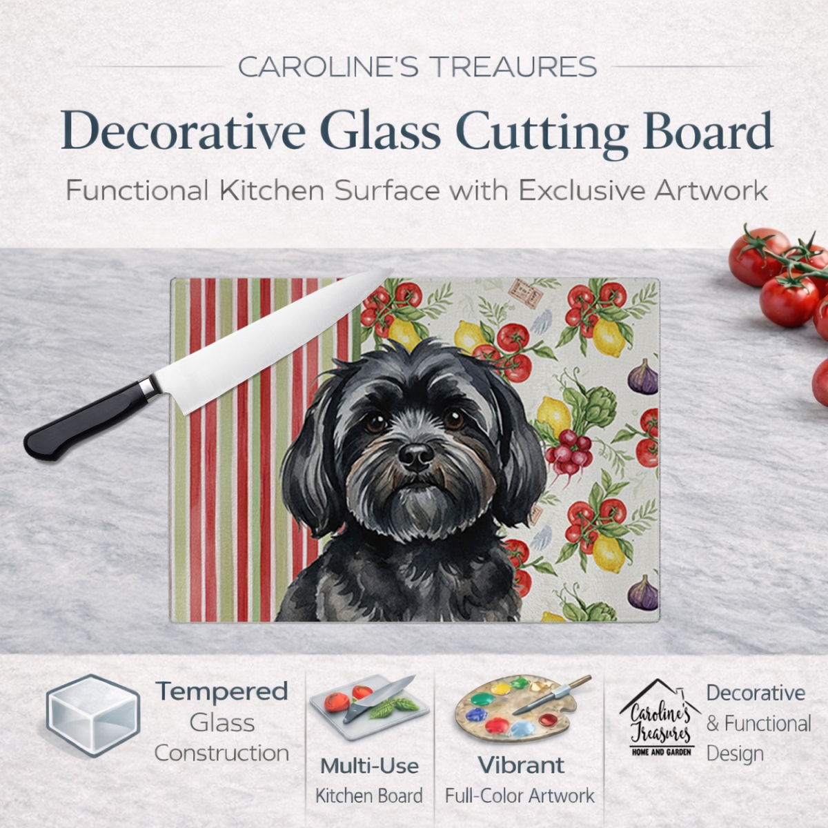 Picture of Carolines Treasures WDK8301LCB 11.25 x 15.25 in. Black Lhasa Apso Vegetables Glass Cutting Board
