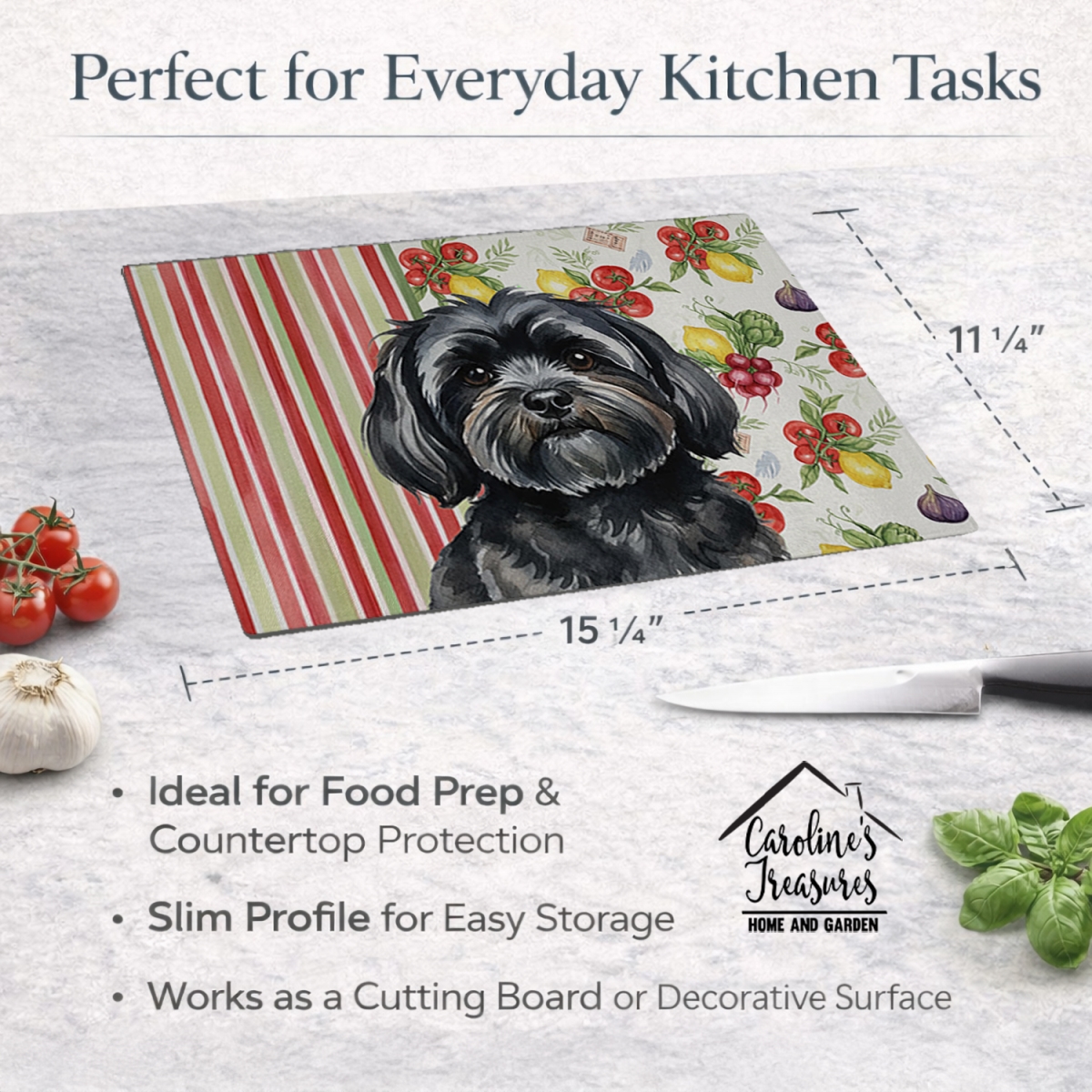 Picture of Carolines Treasures WDK8301LCB 11.25 x 15.25 in. Black Lhasa Apso Vegetables Glass Cutting Board