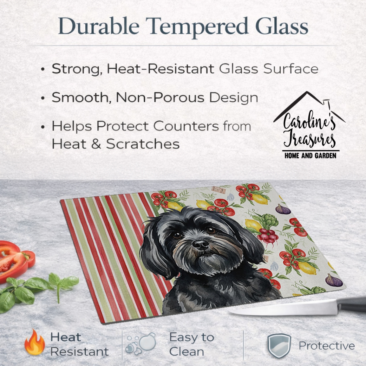 Picture of Carolines Treasures WDK8301LCB 11.25 x 15.25 in. Black Lhasa Apso Vegetables Glass Cutting Board