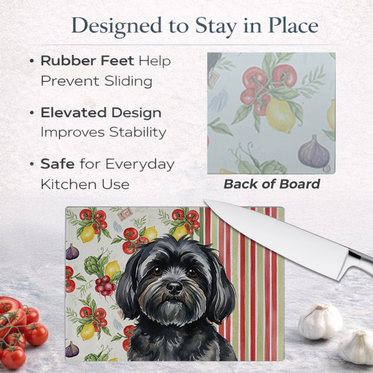 Picture of Carolines Treasures WDK8301LCB 11.25 x 15.25 in. Black Lhasa Apso Vegetables Glass Cutting Board