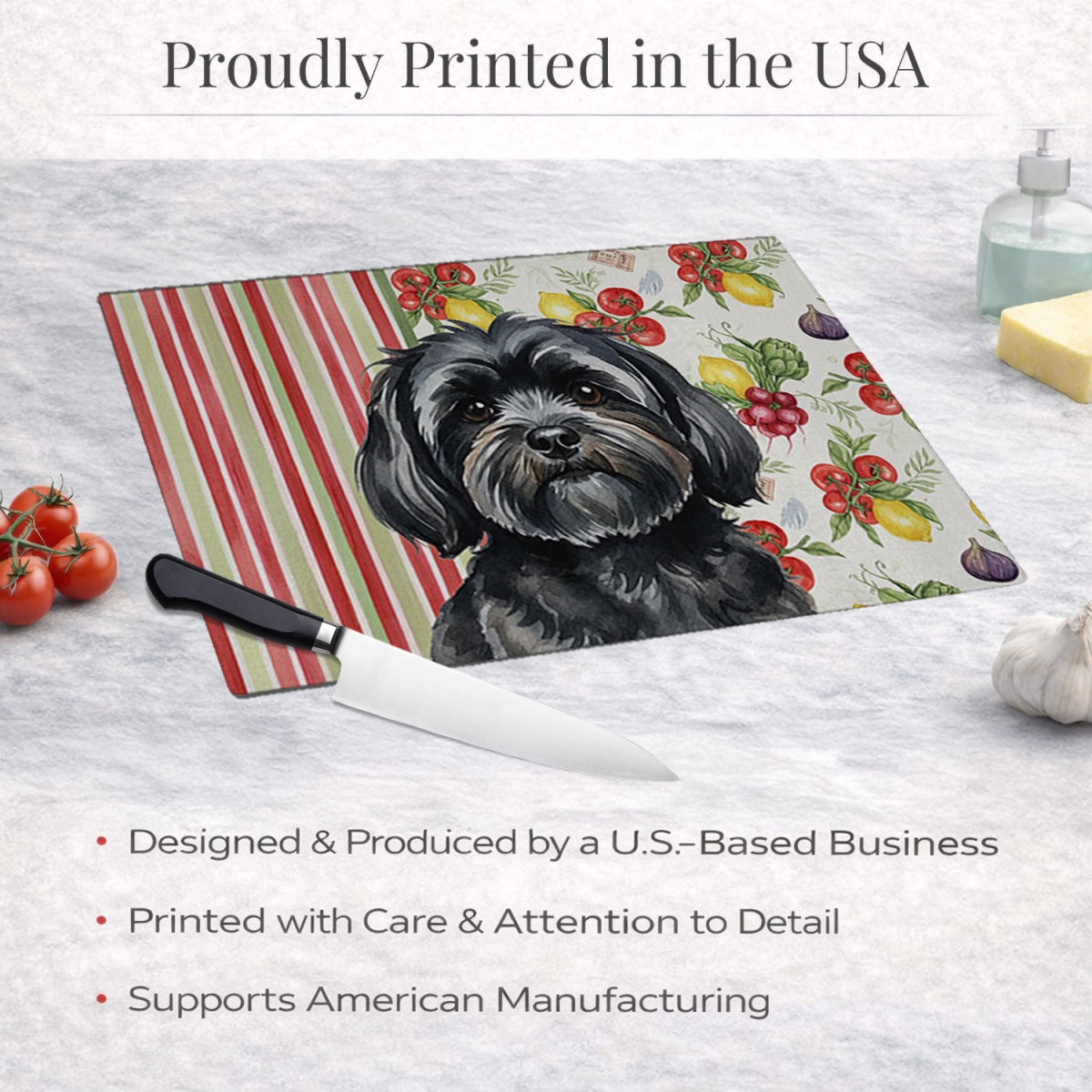 Picture of Carolines Treasures WDK8301LCB 11.25 x 15.25 in. Black Lhasa Apso Vegetables Glass Cutting Board
