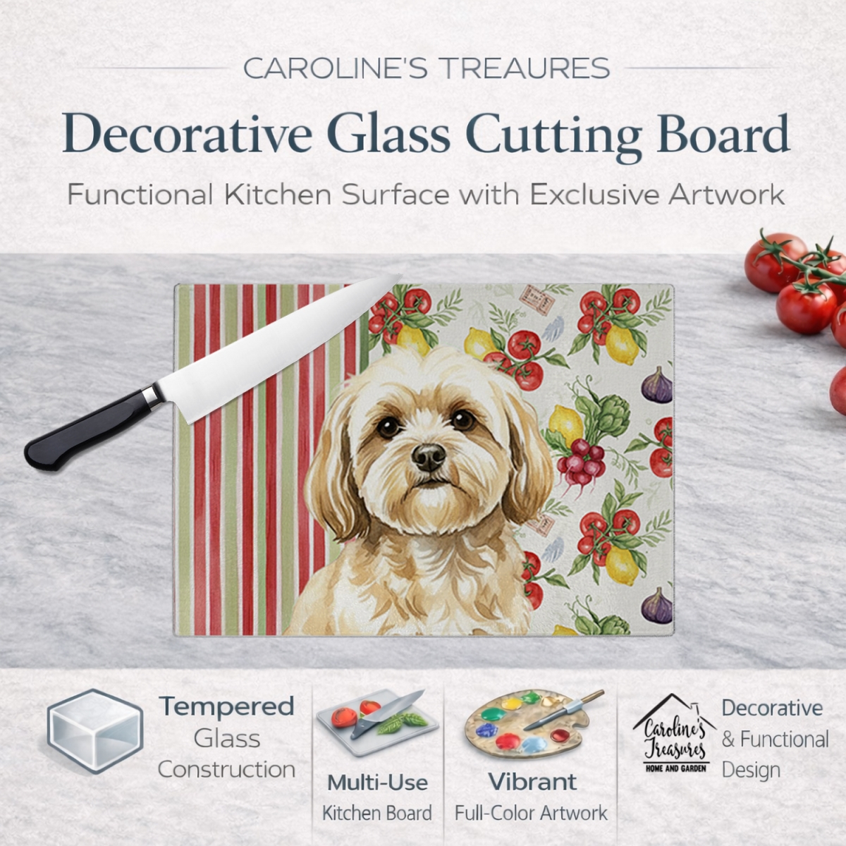 Picture of Carolines Treasures WDK8302LCB 11.25 x 15.25 in. Cream Lhasa Apso Vegetables Glass Cutting Board