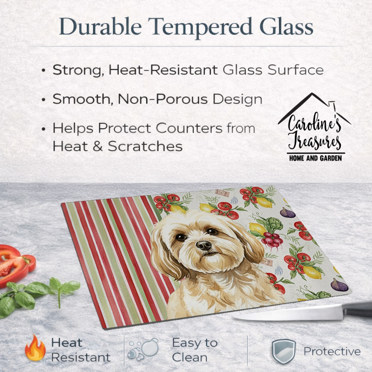 Picture of Carolines Treasures WDK8302LCB 11.25 x 15.25 in. Cream Lhasa Apso Vegetables Glass Cutting Board